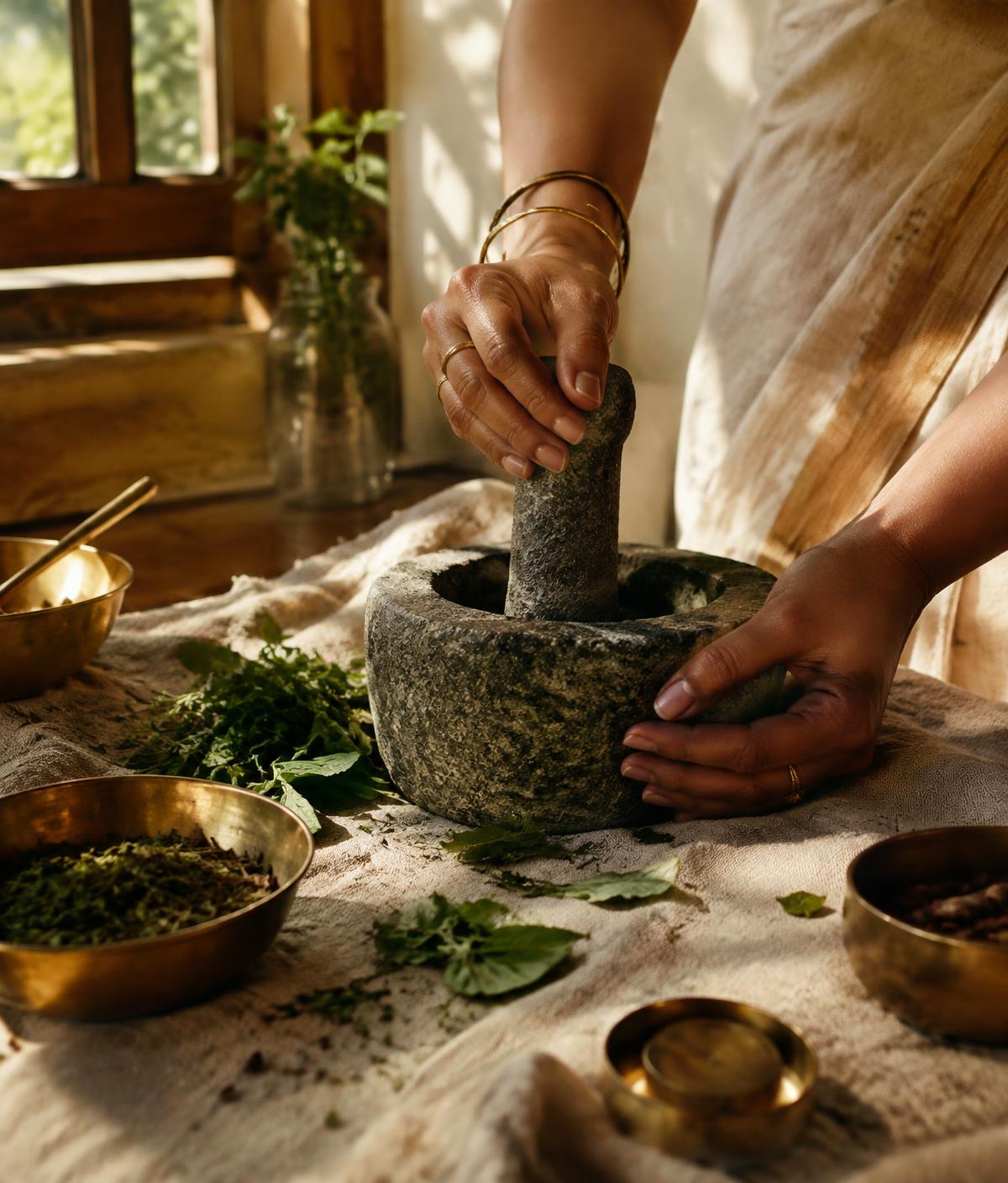 Hands grinding herbs in a stone mortar